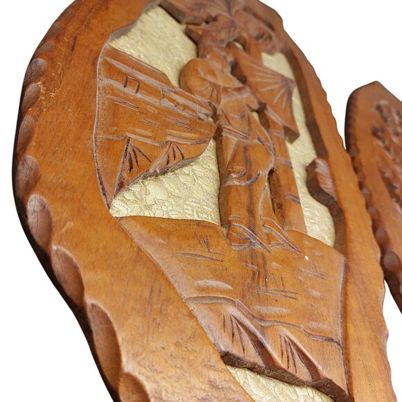 Vintage Hand Carved Wood Wall Panels Pair Leaf Shaped Asian Inspired Wall Art - Picture 4 of 7